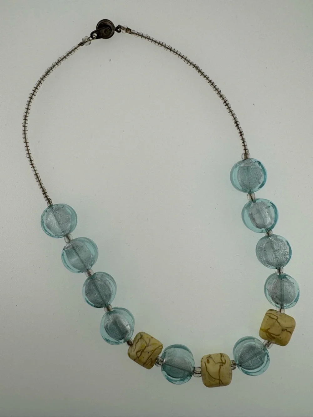 Aqua Glass & Cream Marbled Foil Glass Bead Necklace 8 inch drop